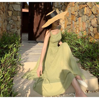 Váy maxi voan xanh buộc lưng