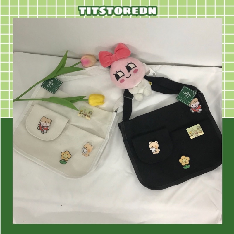 Túi đeo chéo 1 nắp ulzzang siêu cute full huy hiệu