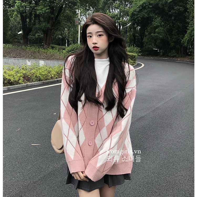 Áo len cardigan kẻ trám có túi hai bên dài tay, áo khoác len mỏng cardigan họa tiết trám ulzzang Hàn Quốc - AL25