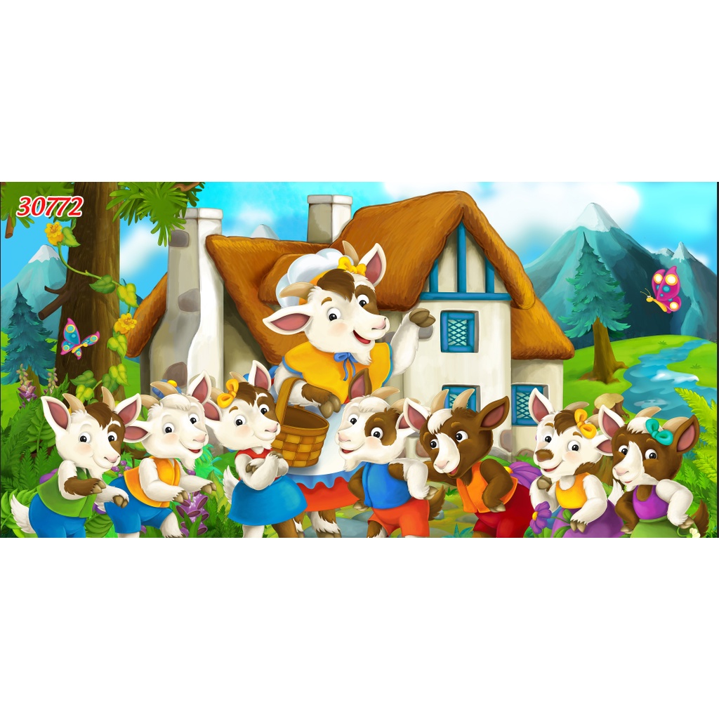 Tranh 3D Dán Tường Phòng Trẻ Em Nhiều Chủ Đề Ngôi làng trẻ thơ, gia đình dê, lợn, nông trại vui vẻ