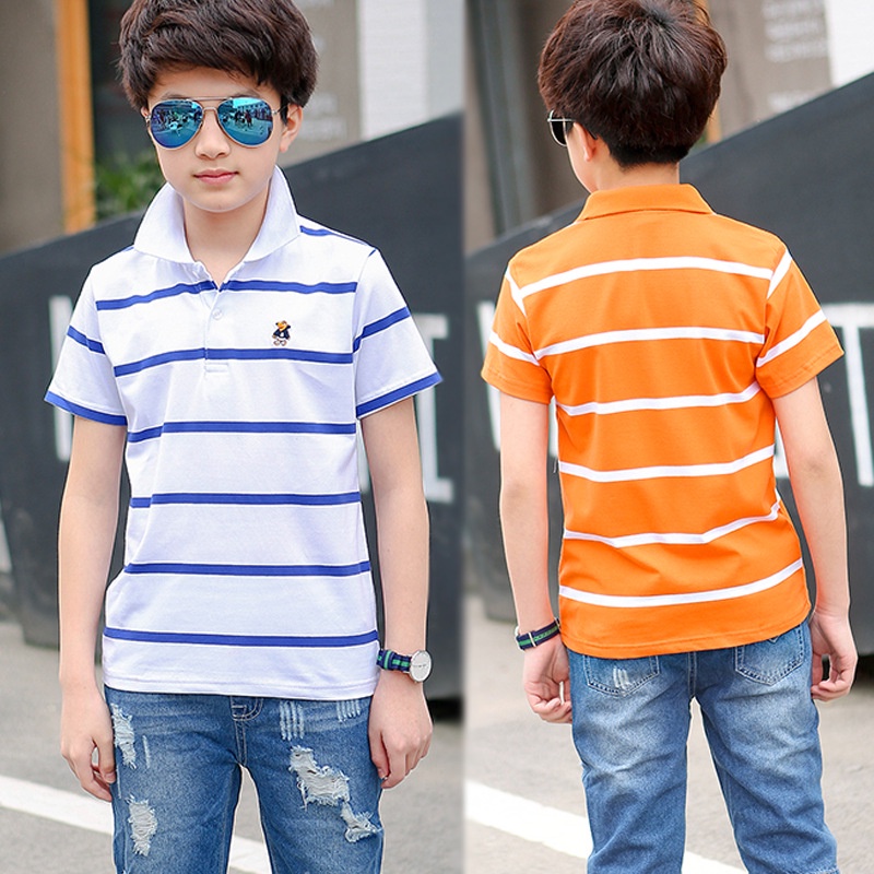 Áo polo Tay Ngắn Bằng Cotton Họa Tiết Kẻ Sọc Phong Cách Hàn Quốc Dành Cho Bé Trai Và Bé Gái