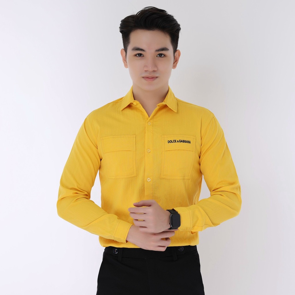 Áo sơ mi nam tay dài màu vàng túi hợp , áo tay dài nam cổ bẻ công sở hàng y hình T-FASHION 24H SM11