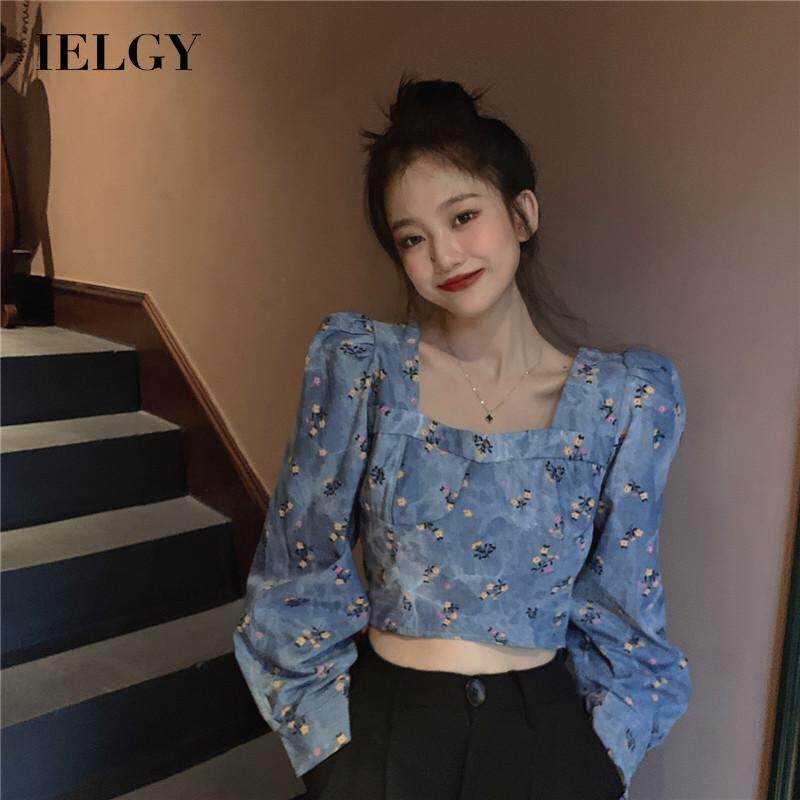 Áo kiểu Ielgy cổ vuông tay dài in họa tiết hoa màu xanh dương thời trang