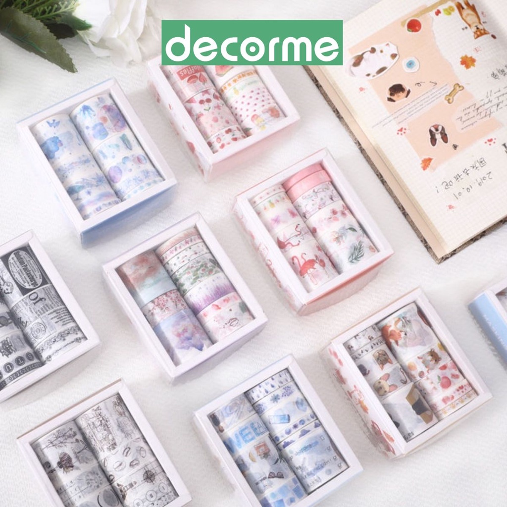 Hộp 10 washi tape Masking nhiều họa tiết Decorme băng keo washi 4 kích thước vintage trang trí sổ bullet journal