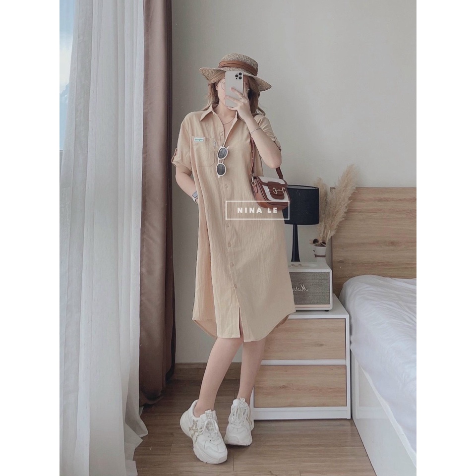Đầm Nữ , Đầm Suông Đũi Cổ Sơ Mi Gài Nút , Đầm Midi Có Túi In Hình Mickey Sau Lưng