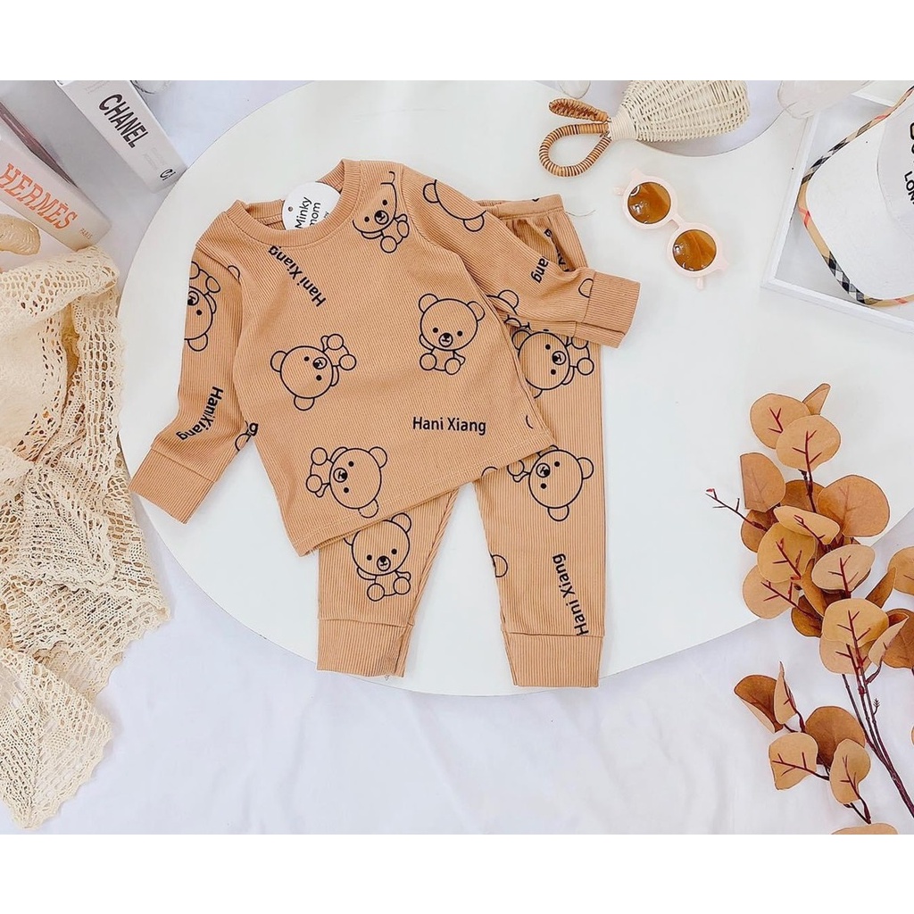 Bộ Dài Tay THUN GÂN MINKY MOM In Hình Toàn Thân Họa Tiết Gấu toàn thân, Bộ quần áo dài tay bé trai, bé gái từ 5-18kg