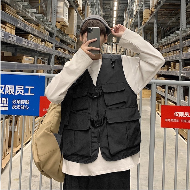 [sale xả kho] Áo ghi lê dù màu đen unisex khóa cài nhựa phong cách Hàn Quốc Quảng Châu w510 Pon.mens hà nội hcm