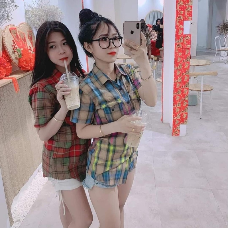 Áo sơ mi brr nam nữ loang màu rách gấu kẻ sọc caro nhiều màu , chất liệu cotton thấm hút mồ hồi