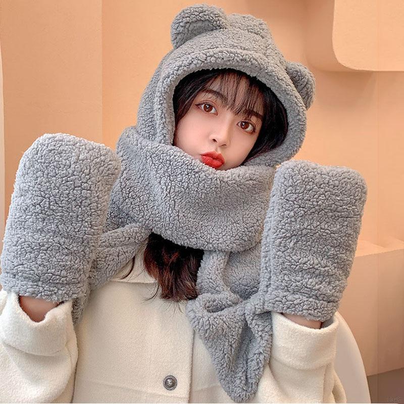 Bộ ba món gồm mũ + khăn choàng cổ + găng tay dày dặn hình gấu dễ thương phong cách Hàn Quốc