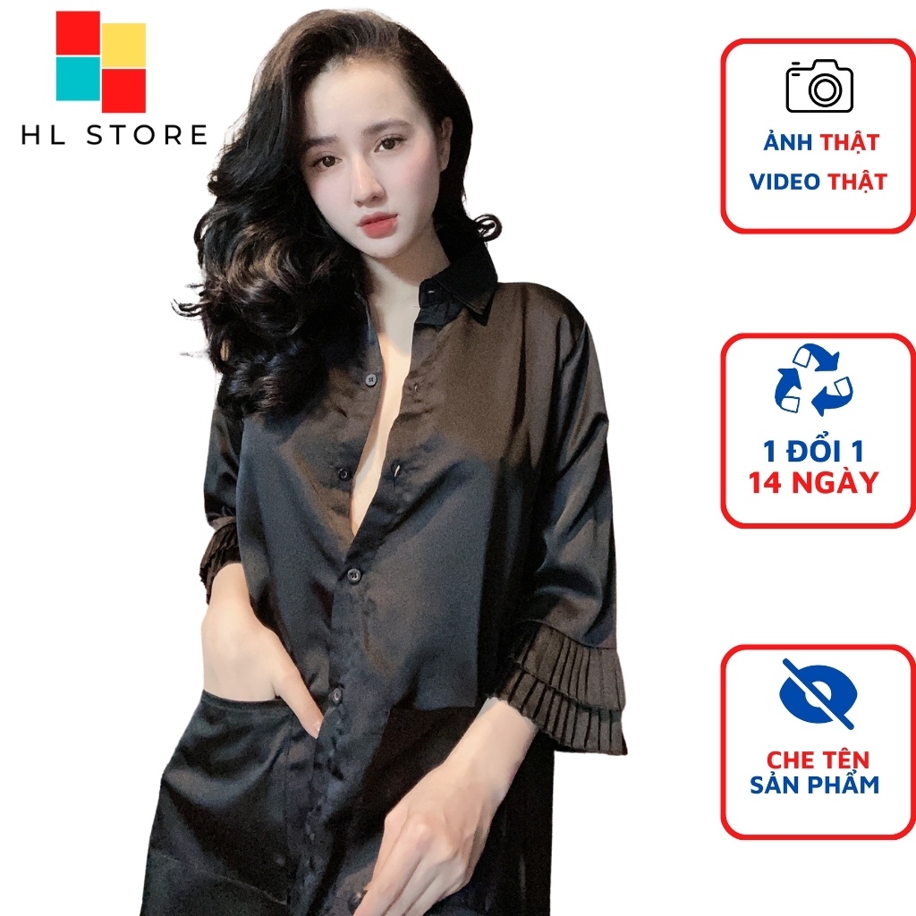 Đồ ngủ sexy đầm ngủ sơ mi gợi cảm, tay phối dập ly Hải Lan Store, chất liệu lụa satin, freesize 40-65kg tùy chiều cao