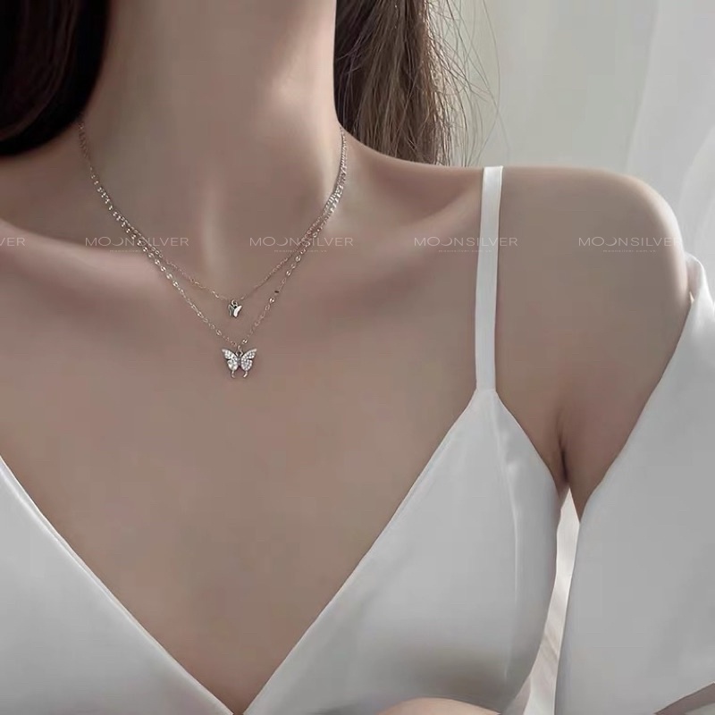 Dây chuyền bạc nữ Moonsilver, vòng cổ bạc nữ dây kép mặt bươm bướm hồ điệp đính đá sang chảnh, độc đáo, nữ tính s925