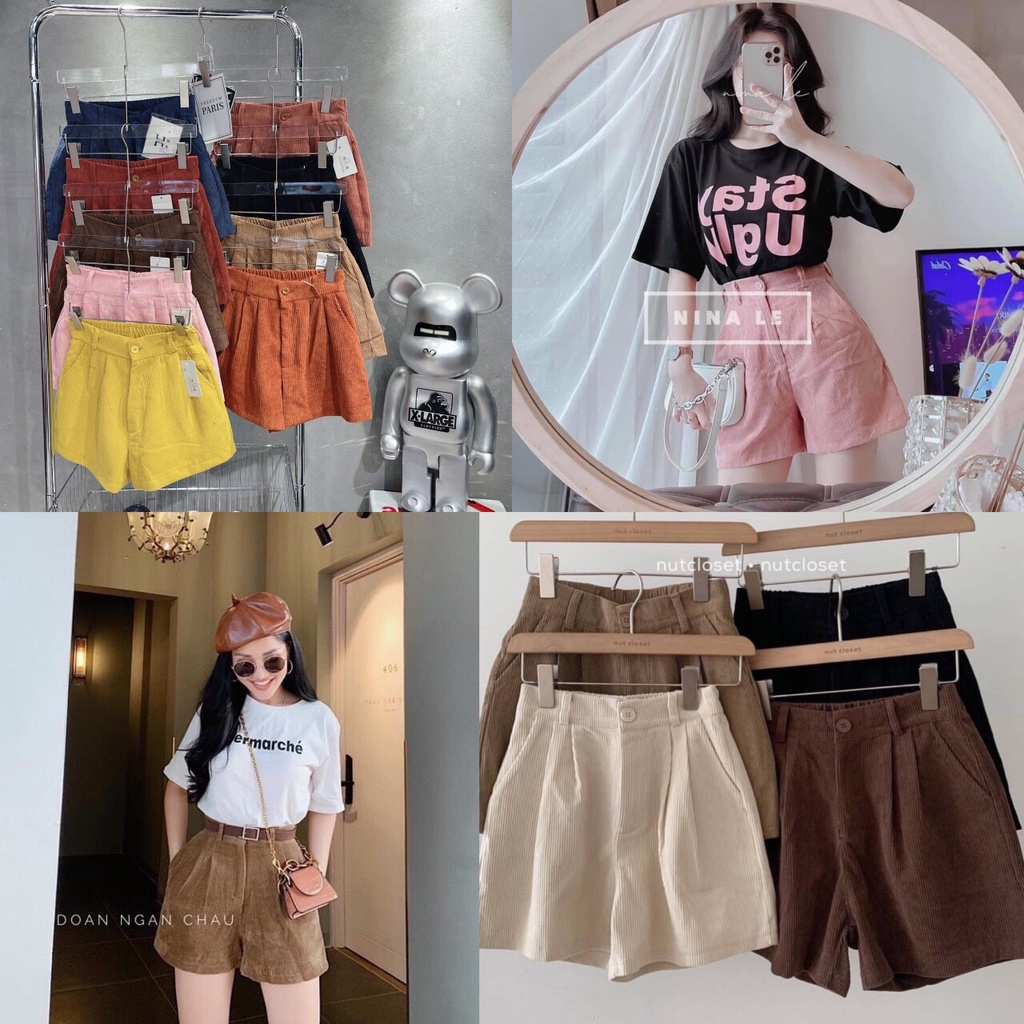 Quần đùi nữ lưng cao ống rộng đẹp phong cách Hàn Quốc, quần sooc nhung tăm short ngắn mặc nhà cạp chun form bé 232