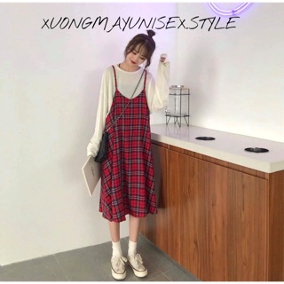 SET YẾM ĐỎ KẺ CARO MIX ÁO TRẮNG TAY DÀI BASIC