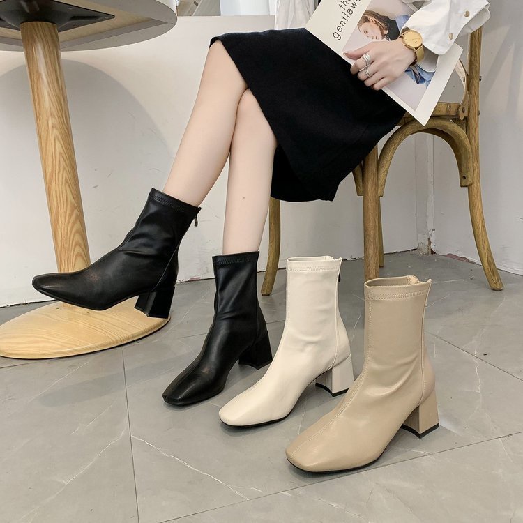 Giày boot chiến binh cao gót da trơn dây kéo sau cao cấp B19