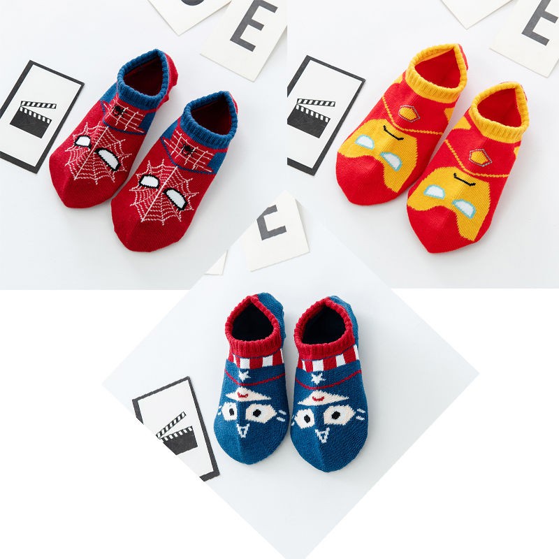 Set 3 Đôi Tất Cotton In Hình Spiderman + Captain America / Iron Man Cho Bé Trai