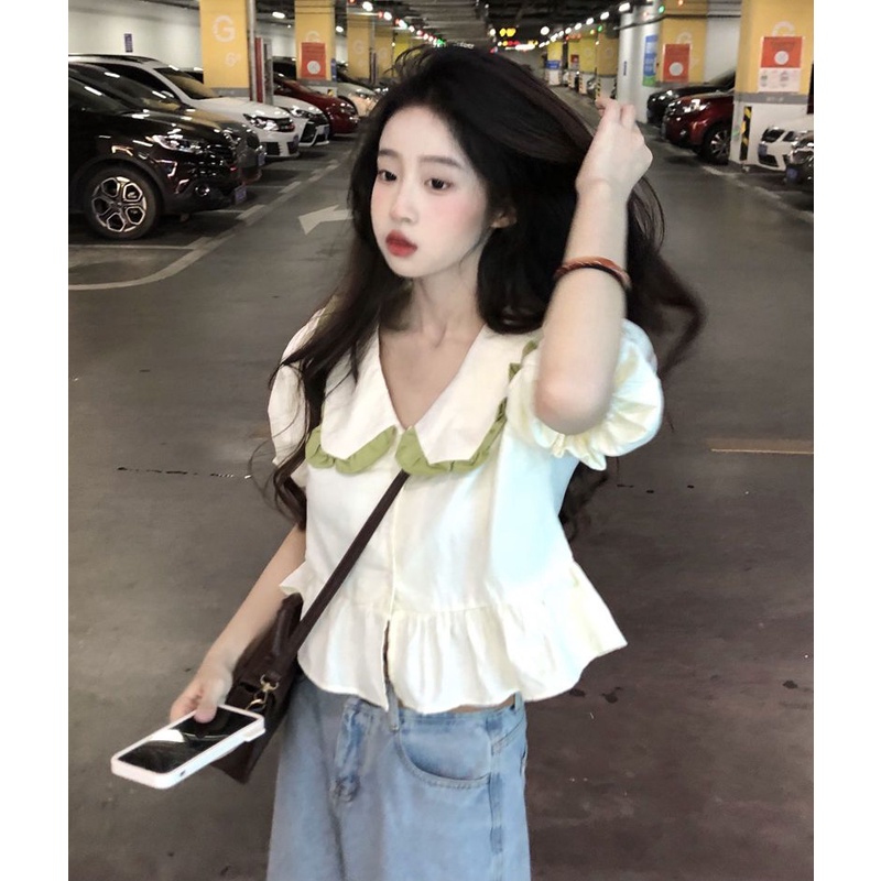 Áo Kiểu Tay Phồng Ngắn Cổ Búp Bê Màu Xanh Lá Kiểu Pháp Xinh Xắn Cho Nữ