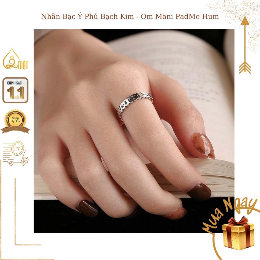 Nhẫn Bạc Đôi Freesize Nam Nữ, Om Mani PadMe Hum, Chất Liệu Bạc Ý Phủ Bạch Kim - LTC - Mật