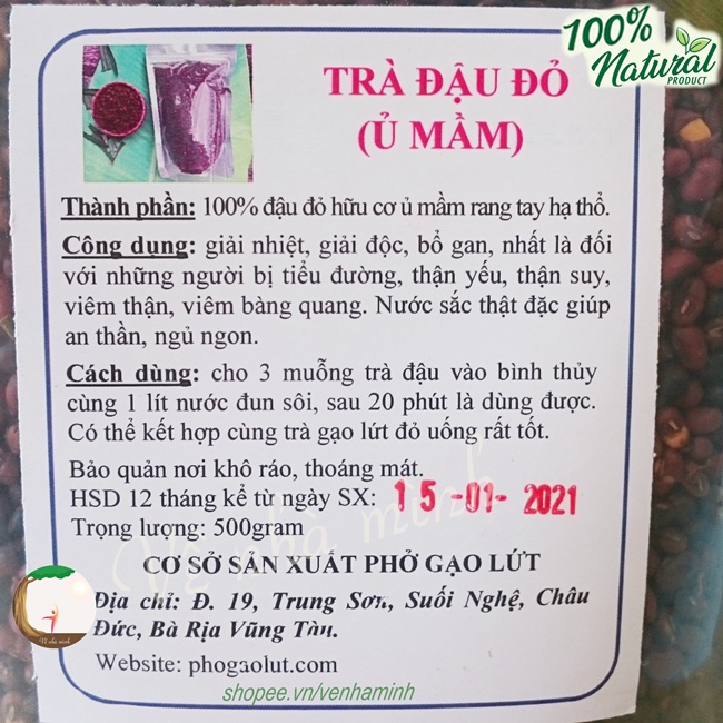 TRÀ ĐẬU ĐỎ HỮU CƠ Ủ MẦM RANG 500G tự nhiên tốt cho sức khỏe người lớn, trẻ em, người già, ăn kiêng, giảm cân, eat clean