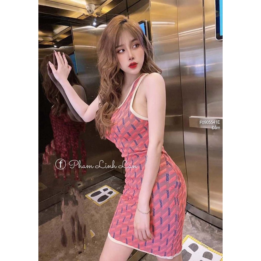 Đầm ôm body len họa tiết sát nách đan dây chéo lưng hàng QC!