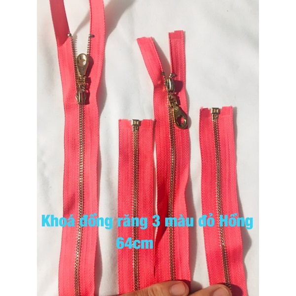 khoá đồng răng 3 màu Hồng đỏ dài 64cm thay khoá áo khoác,túi xách,áo da,balo