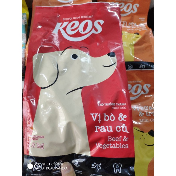 Thức ăn cho chó nhỏ và chó lớn KEOS gói 1.5kg vị sữa, gà và trứng. Vị bò và rau củ!