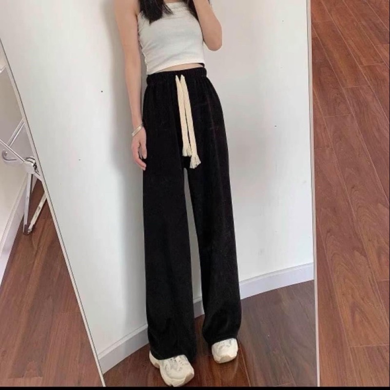Quần Suông Dây Bản To Nữ [FREESHIP]  Culottes ống rộng dài màu đen, thun vintage cá tính Ulzzang