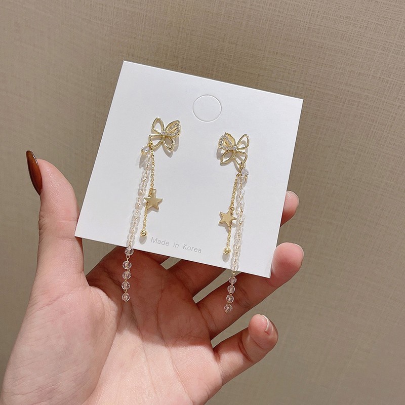 Khuyên Tai Dáng Dài Phối Nơ Đính Đá Pha Lê Phong Cách Hàn Quốc