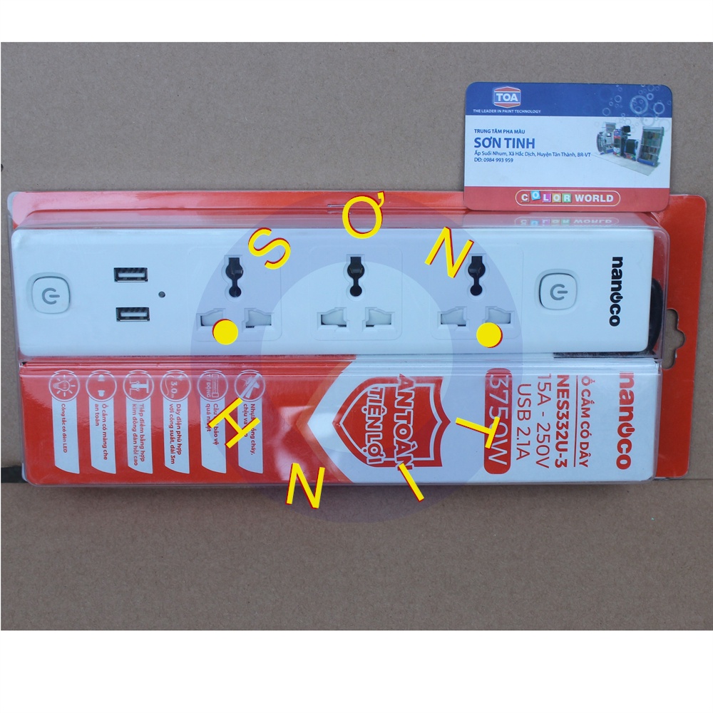 Ổ cắm có dây nối dài, 3 ổ cắm đa năng + 2 cổng sạc usb và 2 công tắc Nanoco NES332U-3