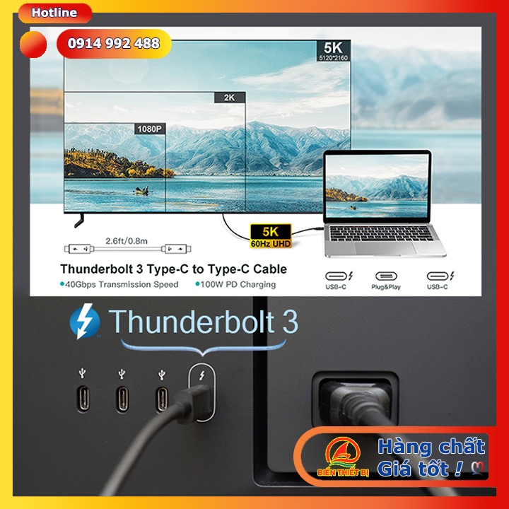 Cáp Thunderbolt 3 to Thunderbolt 3 dài 0.7m  Tốc độ 40Gbps xuất hình ảnh 5K 4K hỗ trợ sạc 20V-5A/ 100W PD.