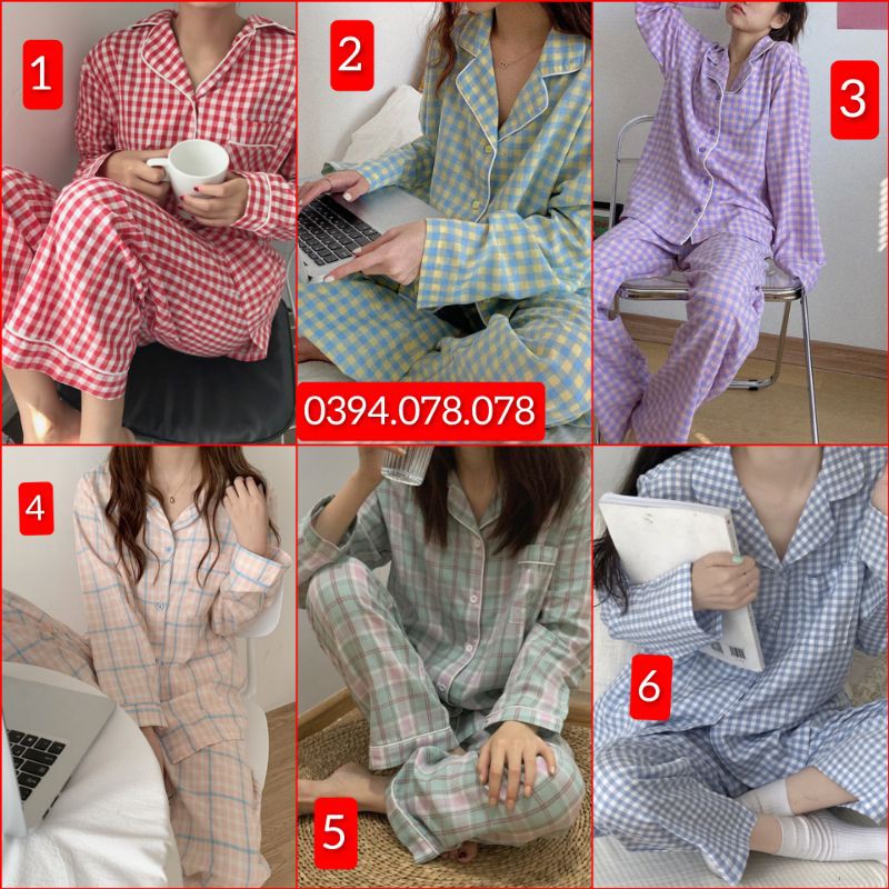 - Bộ ngủ pyjama dài tay kẻ caro thời trang 2023