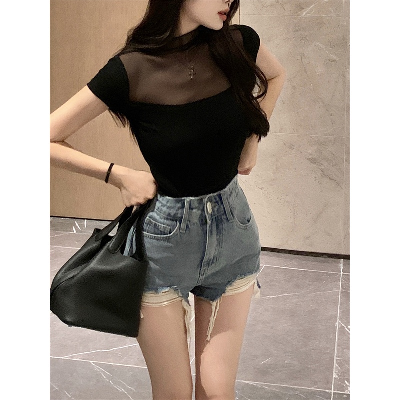Cocory vn Áo Thun Tay Ngắn Cổ Lọ Phối Lưới Thời Trang Mùa Hè Quyến Rũ Cho Nữ