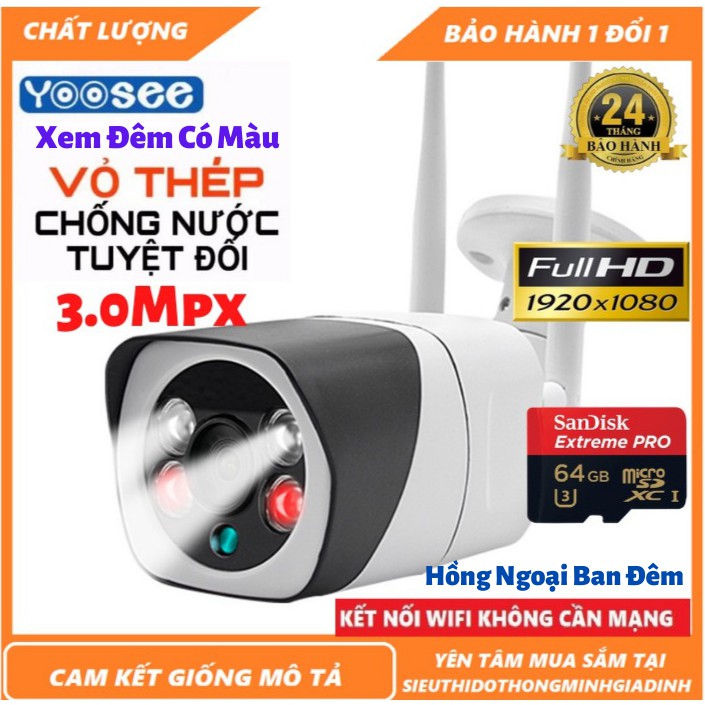 Camera wifi yoosee 3.0Mp 1920 x 1080P Camera wifi s10 chống nước ,xem đêm có màu,vỏ thép nguyên khối , KÈM THẺ 128GB | BigBuy360 - bigbuy360.vn