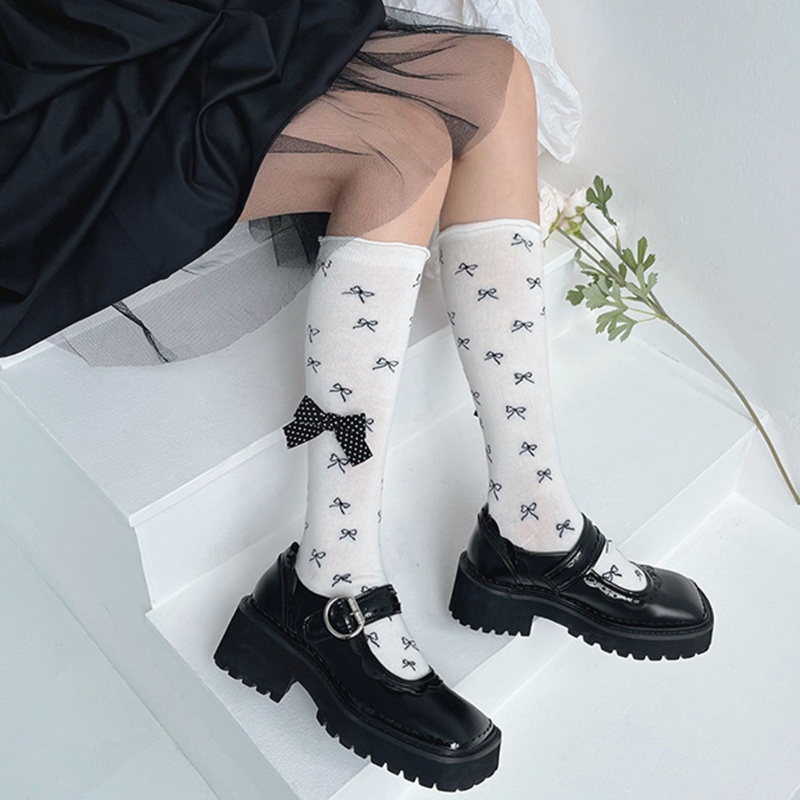 Youyo Vớ Ống Lửng Vừa Bằng Cotton Co Giãn Phối Bèo Nhún Họa Tiết Chấm Bi Phong Cách Lolita Nhật Bản Dễ Thương Cho Nữ
