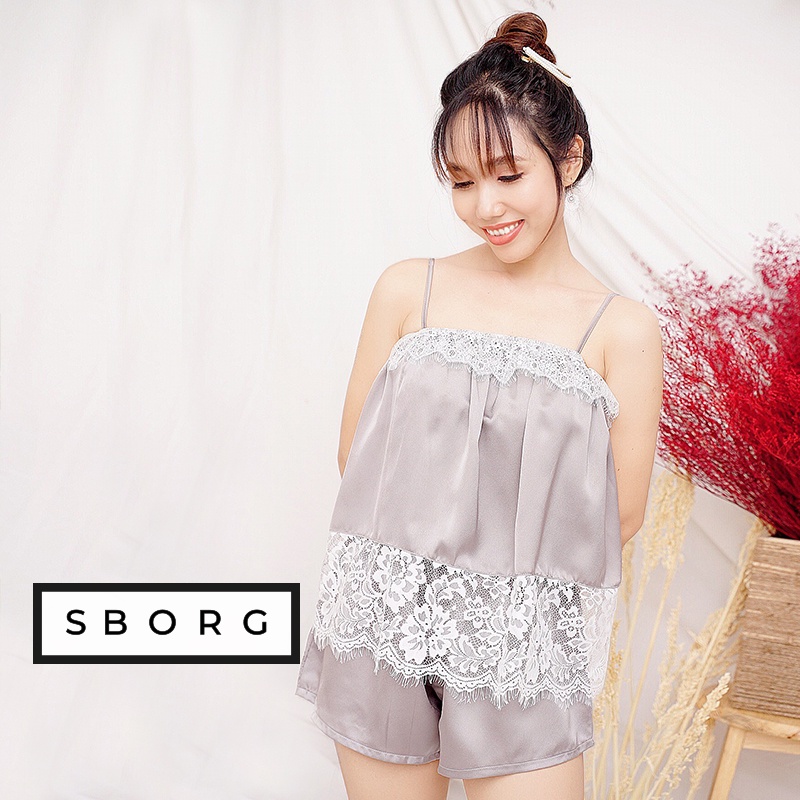 Đồ ngủ 2 dây SBORG bộ lụa satin trơn mặc nhà áo viền ren cute quần đùi sexy freesize dưới 56kg  quà tặng vợ