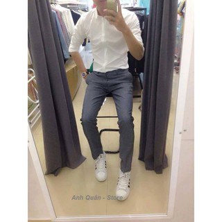 Quần Âu Nam Hàn Quốc Xám Đậm Và Áo Sơ Mi Trắng Cổ Bẻ