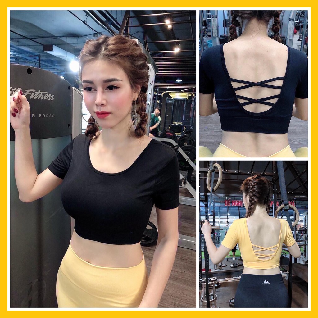 Áo Tập Gym Nữ [CROPTOP] Dệt Đan X Lưng Tay Ngắn Có Mút [ĐỒ TẬP GYM]