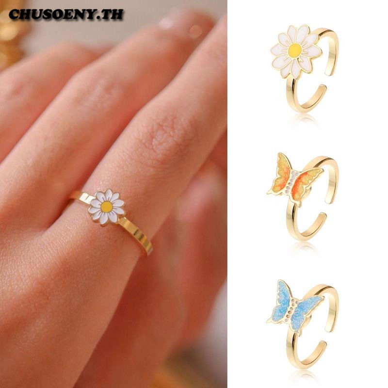 Nhẫn Hở Bằng Đồng Thau Họa Tiết Hoa Cúc Và Bướm Có Thể Điều Chỉnh Được