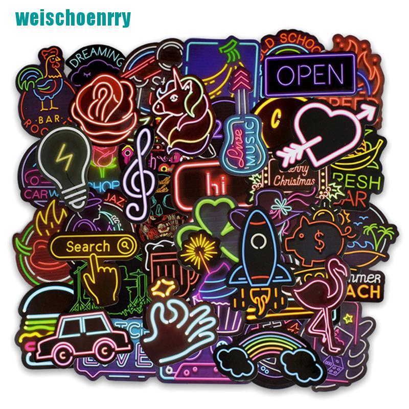 Rér●Bộ 50 Miếng Dán Màu neon Dễ Thương Trang Trí Vali / laptop / guitar