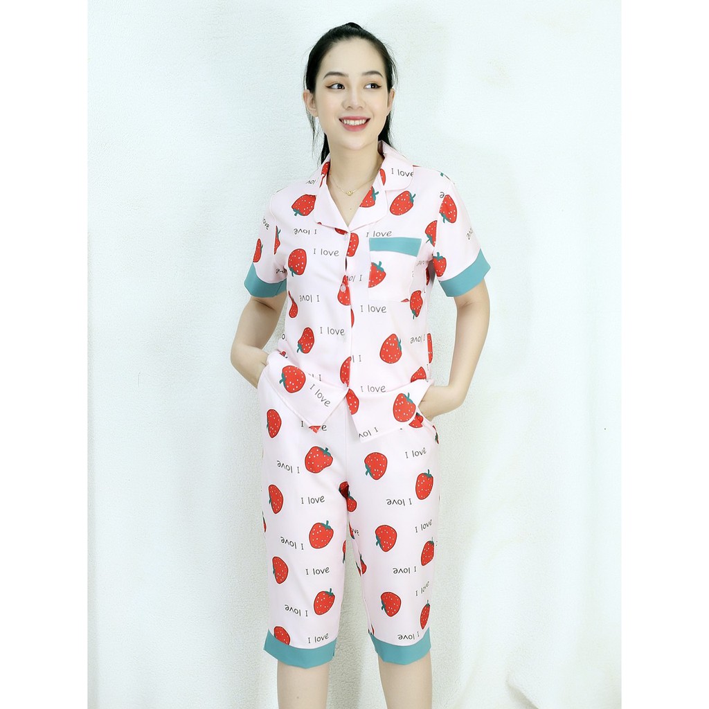 [HÌNH THẬT 100%] Bộ đồ Pijama nữ lửng họa tiết  NỀN HỒNG QUẢ DÂU ĐỎ - vải siêu lụa cao cấp - Cực Kì Sang Chảnh | BigBuy360 - bigbuy360.vn