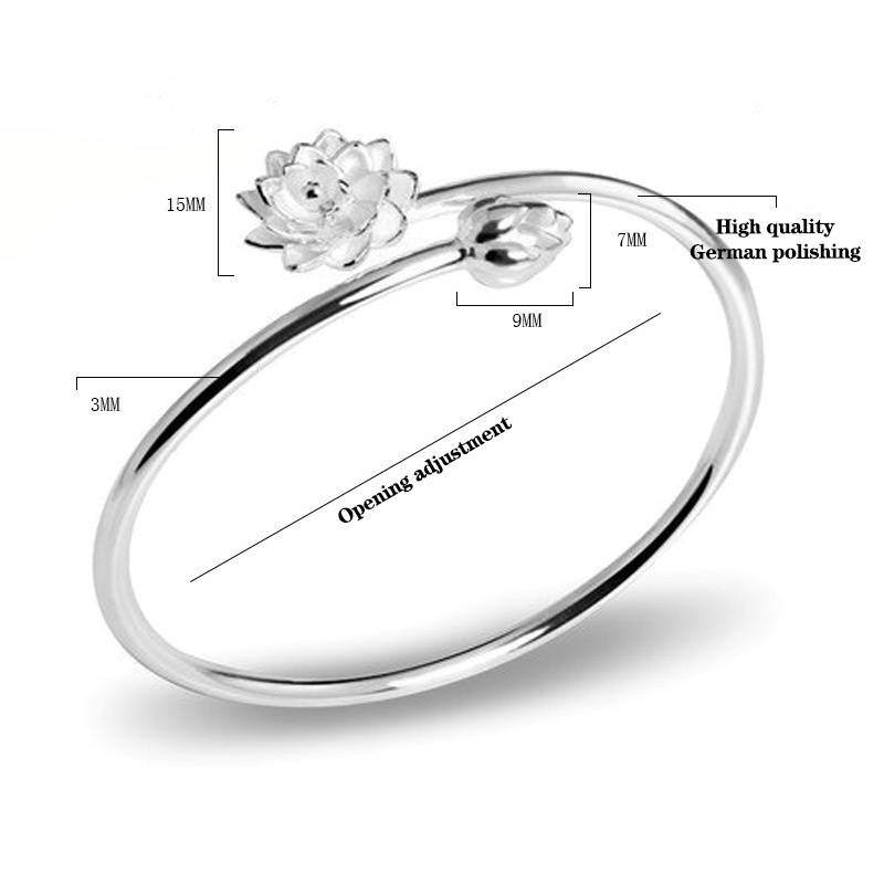 Vòng Đeo Tay Dạng Hở Hình Hoa Sen Màu Bạc Phong Cách retro Hàn Quốc