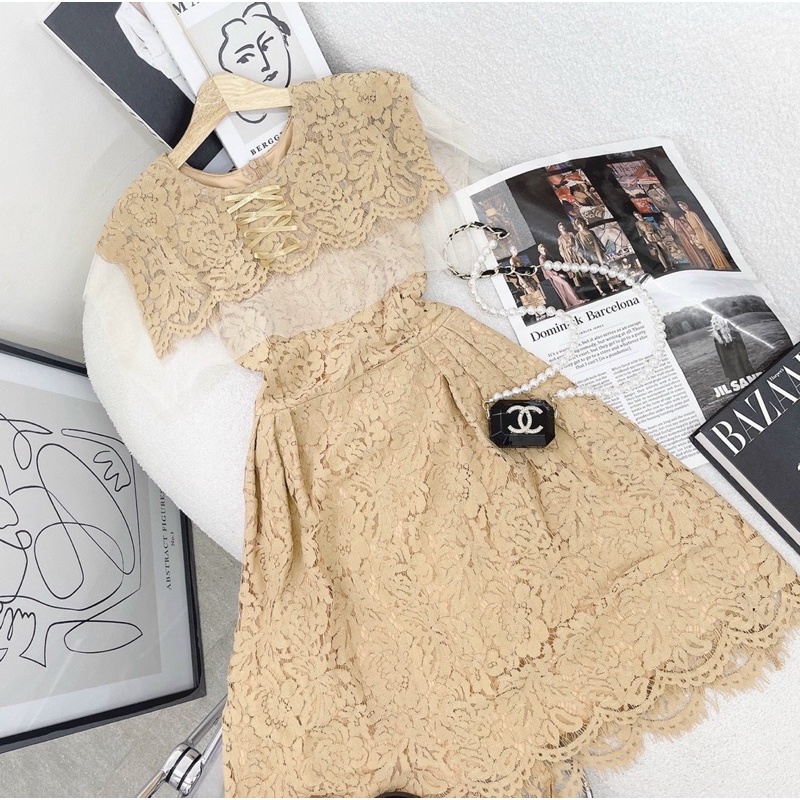 ĐẦM REN MIDI PHỐI LƯỚI ĐAN DÂY