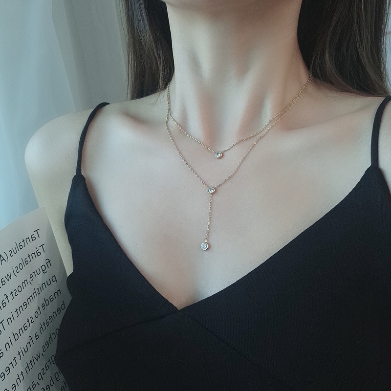 Dây chuyền hai lớp bằng thép titan mạ vàng hồng / vàng 18K đính đá zircon phong cách Nhật Hàn cá tính dễ phối đồ