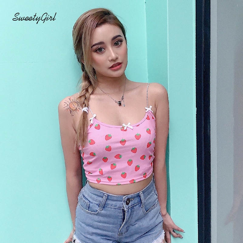 Áo Tank Top Cổ Tròn Ôm Dáng In Họa Tiết Dâu Tây Hoạt Hình Đính Nơ Xinh Xắn Cho Nữ