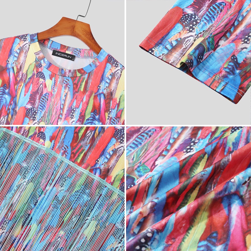 INCERUN Áo Thun Cổ Tròn In Họa Tiết Sau Lưng Phối Tua Rua Thời Trang Cho Nam