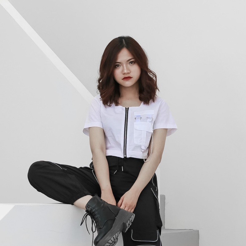 Áo croptop nữ khóa giữa tặng kèm dây chain