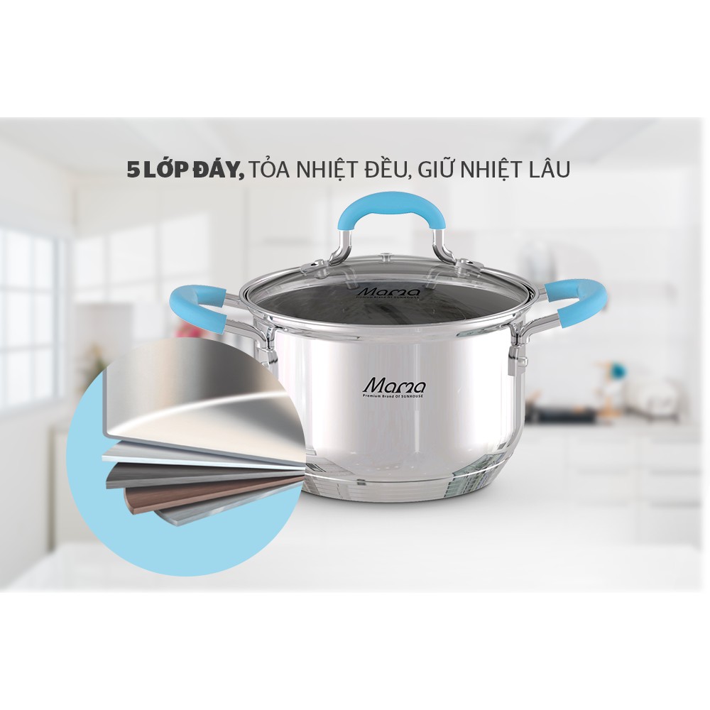 Bộ nồi inox 304 cao cấp 5 đáy SUNHOUSE MAMA SHG504 dùng được với bếp từ