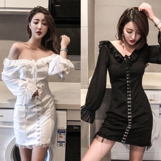 [Có Sẵn/ Có Ảnh thật] Váy trắng body trễ vai. Đầm ôm body sexy bẹt vai đan dây cá tính