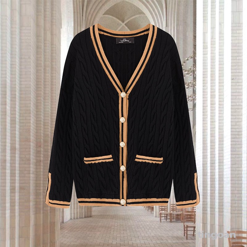 Áo khoác len cardigan đen viền nâu tingoan AMANDA CARDIGAN/BL