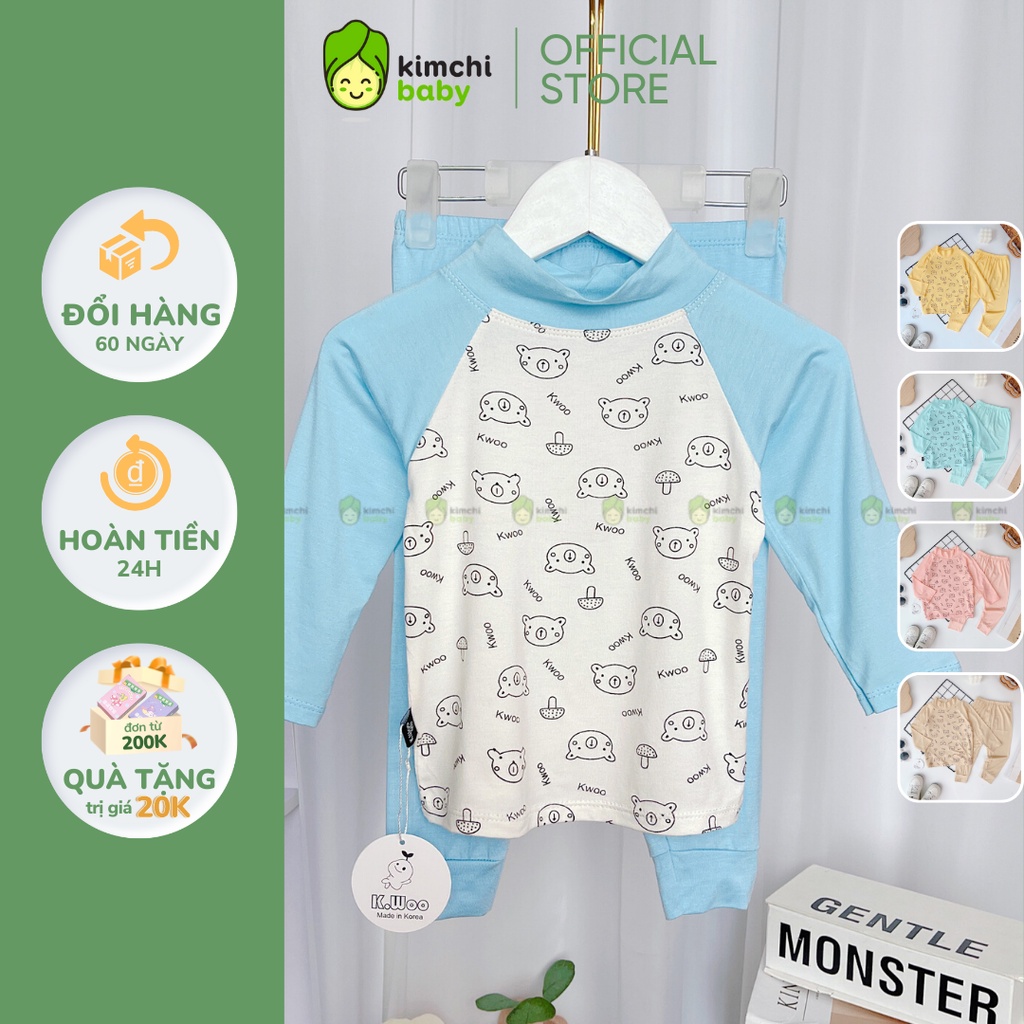 Bộ Dài Tay Thun Lạnh Cho Bé Trai, Bé Gái KIMCHIBABY Cổ 3P Hoạ Tiết Gấu Giáp Lăng, Đồ Bộ Mặc Nhà Cho Bé Thu Đông KWTD2209