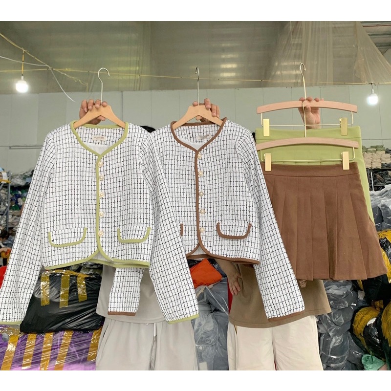 Sét dạ nữ phối viền cúc ngọc + chân váy xếp ly kèm ảnh thật - hàng có sẵn